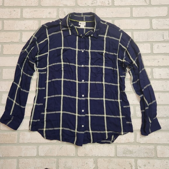 STYLUS Womens Button Down Blouse SOFT Navy Blue + Lime Green Size L - Picture 2 of 14